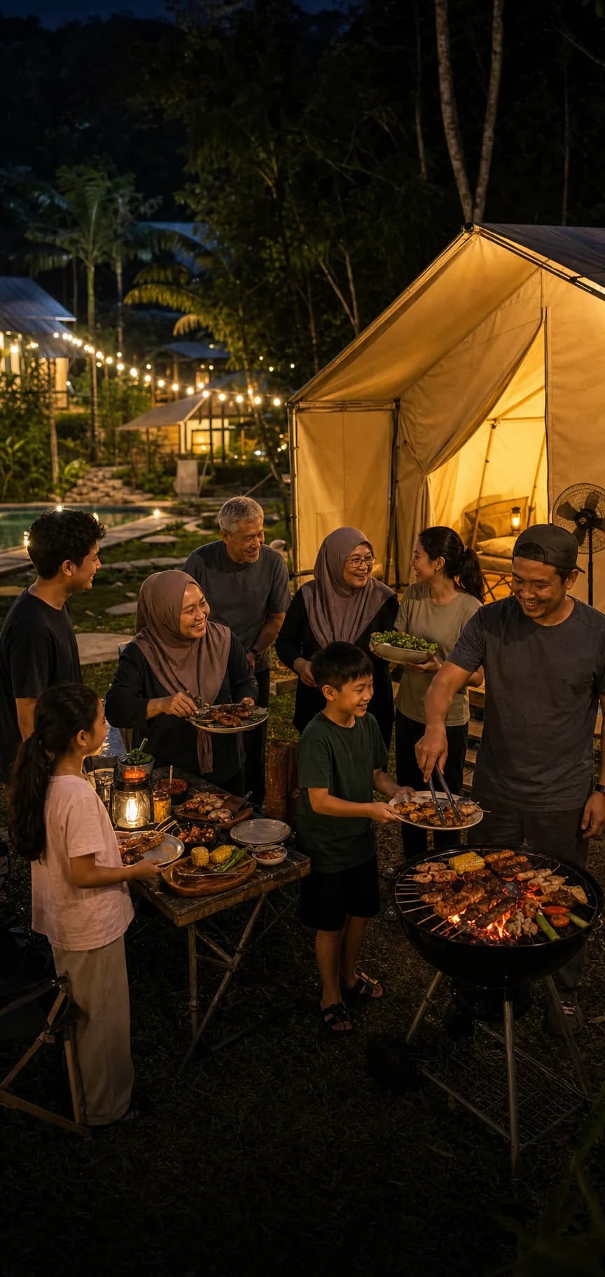 Keluarga dan sahabat berkumpul di hadapan khemah The Tribe
